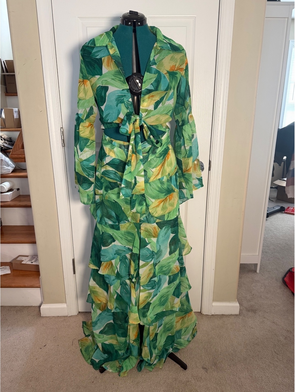 Spoon Jeans Tropical Leaf Two Piece Set Tie Front Crop Top Tiered Wide Leg Pants